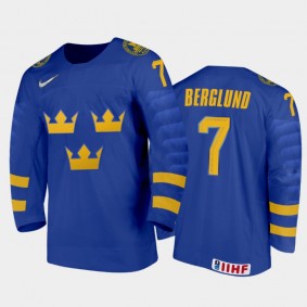 Men Sweden Team 2021 IIHF World Junior Championship Gustav Berglund #7 Away Blue Jersey