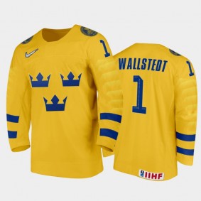 Men Sweden Team 2021 IIHF World Junior Championship Jesper Wallstedt #1 Home Gold Jersey