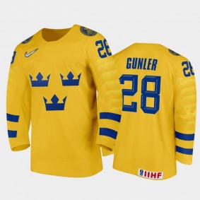 Men Sweden Team 2021 IIHF World Junior Championship Noel Gunler #28 Home Gold Jersey