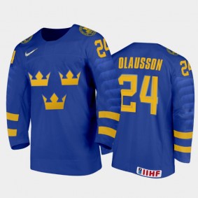 Men Sweden Team 2021 IIHF World Junior Championship Oskar Olausson #24 Away Blue Jersey