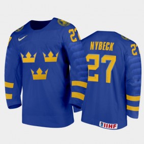 Men Sweden Team 2021 IIHF World Junior Championship Zion Nybeck #27 Away Blue Jersey