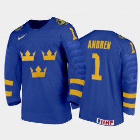 Men's Sweden 2021 IIHF U18 World Championship Viggo Andren #1 Away Blue Jersey