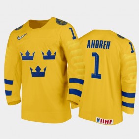 Men's Sweden 2021 IIHF U18 World Championship Viggo Andren #1 Home Gold Jersey