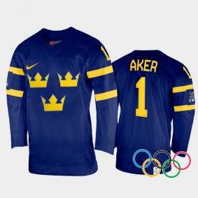 Sweden Women's Hockey Agnes Aker 2022 Winter Olympics Navy #1 Jersey Away