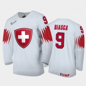 Men Switzerland 2021 IIHF World Junior Championship Attilio Biasca #9 Home White Jersey