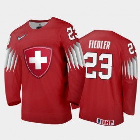 Men Switzerland 2021 IIHF World Junior Championship Cedric Fiedler #23 Away Red Jersey