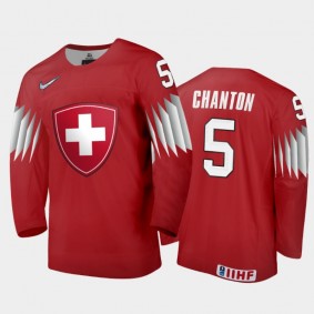 Men Switzerland 2021 IIHF World Junior Championship Giancarlo Chanton #5 Away Red Jersey