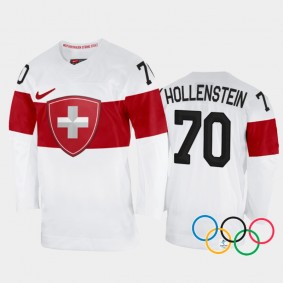 Denis Hollenstein Switzerland Hockey White Away Jersey 2022 Winter Olympics