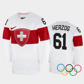 Fabrice Herzog Switzerland Hockey White Away Jersey 2022 Winter Olympics