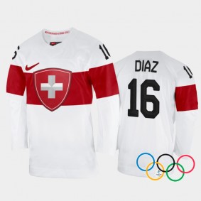 Raphael Diaz Switzerland Hockey White Away Jersey 2022 Winter Olympics