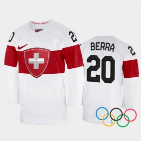 Reto Berra Switzerland Hockey White Away Jersey 2022 Winter Olympics