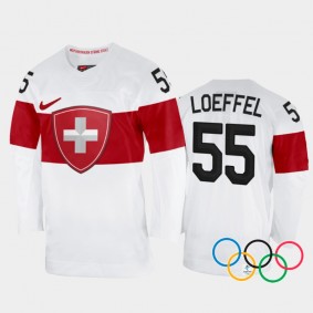 Romain Loeffel Switzerland Hockey White Away Jersey 2022 Winter Olympics