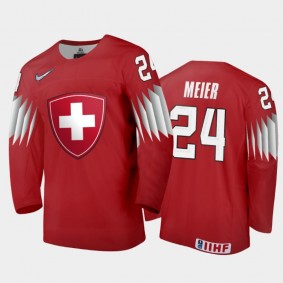 Men Switzerland 2021 IIHF World Junior Championship Noah Meier #24 Away Red Jersey