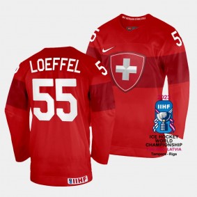 Romain Loeffel 2023 IIHF World Championship Switzerland #55 Red Away Jersey Men