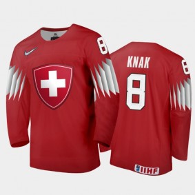 Men Switzerland 2021 IIHF World Junior Championship Simon Knak #8 Away Red Jersey