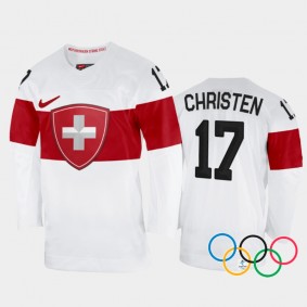 Switzerland Women's Hockey Lara Christen 2022 Winter Olympics White #17 Jersey Away