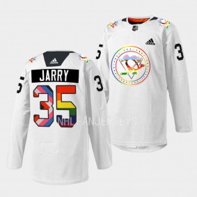 Pittsburgh Penguins 2022 Pride warmup Tristan Jarry #35 White Jersey Rainbow
