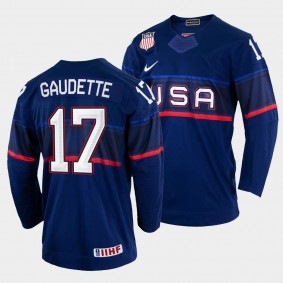 Adam Gaudette 2022 IIHF World Championship USA Hockey #17 Navy Jersey Away