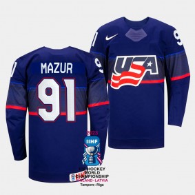Carter Mazur 2023 IIHF World Championship USA #91 Blue Away Jersey Men