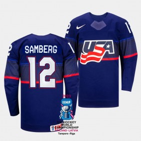 Dylan Samberg 2023 IIHF World Championship USA #12 Blue Away Jersey Men