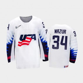 Carter Mazur USA Hockey White Home Jersey 2022 IIHF World Junior Championship