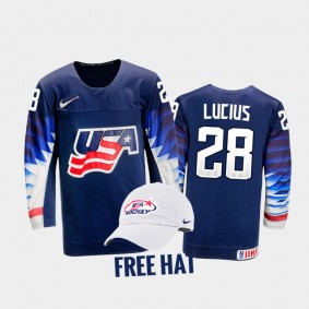 USA Hockey Chaz Lucius 2022 IIHF World Junior Championship Blue #28 Jersey Free Hat