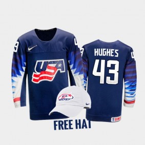 USA Hockey Luke Hughes 2022 IIHF World Junior Championship Free Hat Jersey Blue