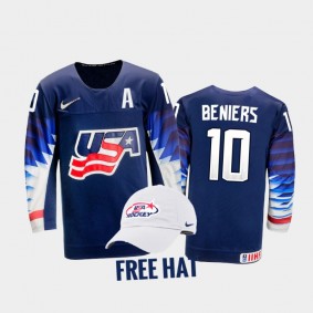USA Hockey Matthew Beniers 2022 IIHF World Junior Championship Free Hat Jersey Blue