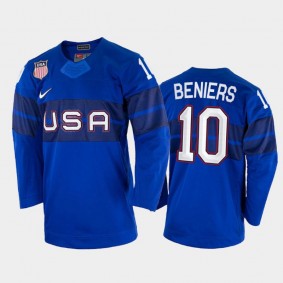 USA Hockey Matty Beniers 2022 Winter Olympics Royal #10 Jersey