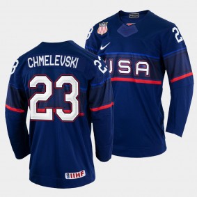 Sasha Chmelevski 2022 IIHF World Championship USA Hockey #23 Navy Jersey Away