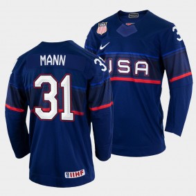 Strauss Mann 2022 IIHF World Championship USA Hockey #31 Navy Jersey Away