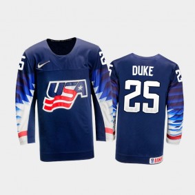 Men's USA Team 2021 IIHF U18 World Championship Dylan Duke #25 Away Navy Jersey