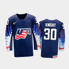 Men USA Team 2021 IIHF World Junior Championship Spencer Knight #30 Away Navy Jersey