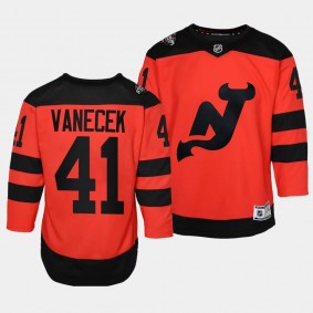 New Jersey Devils #41 Vitek Vanecek 2024 NHL Stadium Series Premier Player Red Youth Jersey