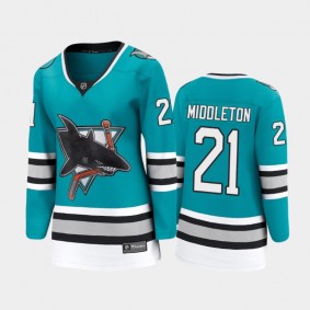 2020-21 Women's San Jose Sharks Jacob Middleton #21 30th Anniversary Heritage Breakaway Player Jersey - Teal