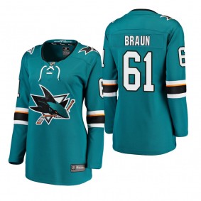 Women's Justin Braun #61 San Jose Sharks Home Breakaway Player Teal Bargain Jersey