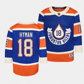 Edmonton Oilers #18 Zach Hyman 2023 NHL Heritage Classic Premier Player Royal Youth Jersey